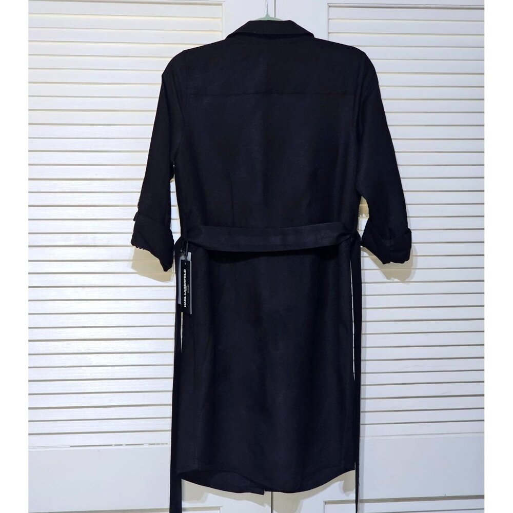 Karl Lagerfeld Paris Women's Black Linen Blend Logo Tape Shirtdress Sz 4 2444 - Picture 15 of 16